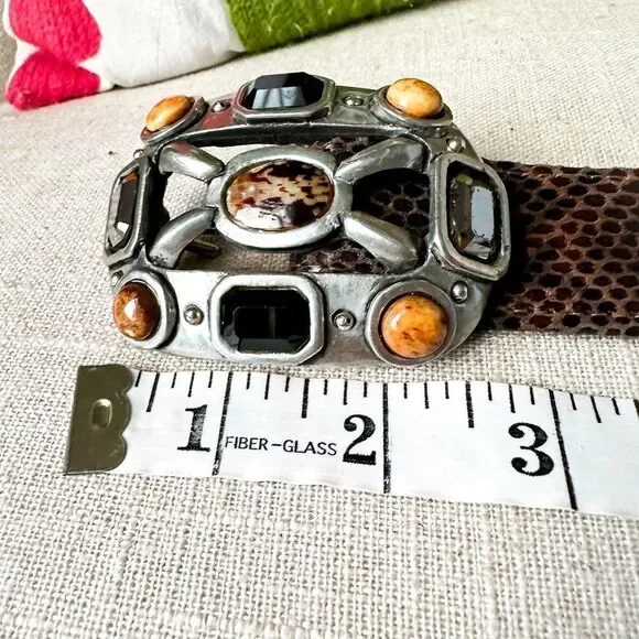 Vintage Fahrenheit Brown Black Leather Belt Large Jewel Buckle Rich Auntie M - Picture 3 of 11